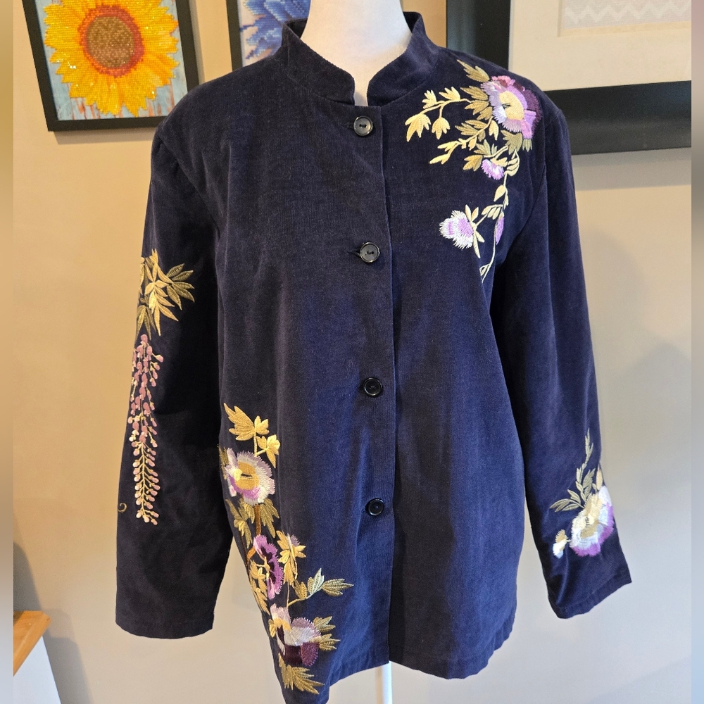 Vintage Susan Graver Navy Floral velour feel Embroidered Blazer jacket